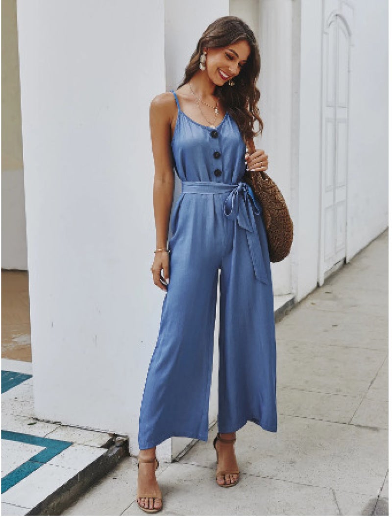 2021 European and American waist type solid color fashion sexy suspenders cotton sleeveless minimalist long jumpsuit L blue - Image 1