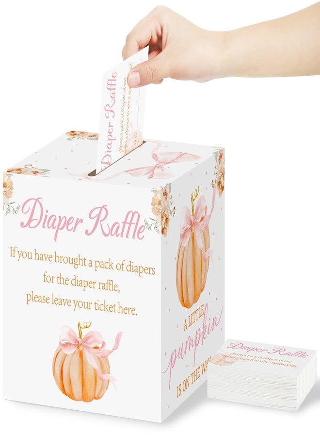 Aukolass 50Pcs Pumpkin Diaper Raffle Tickets with Box, Fall Themed Pumpkin Bow Diaper Raffle Card Box for Baby Shower Games Gender Reveal Party Invitation Insert Card Game (Pink Bow) - Image 1