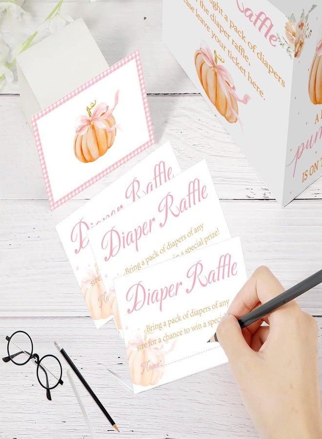 Aukolass 50Pcs Pumpkin Diaper Raffle Tickets with Box, Fall Themed Pumpkin Bow Diaper Raffle Card Box for Baby Shower Games Gender Reveal Party Invitation Insert Card Game (Pink Bow) - Image 5