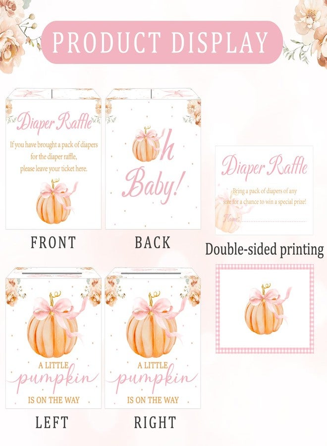 Aukolass 50Pcs Pumpkin Diaper Raffle Tickets with Box, Fall Themed Pumpkin Bow Diaper Raffle Card Box for Baby Shower Games Gender Reveal Party Invitation Insert Card Game (Pink Bow) - Image 3