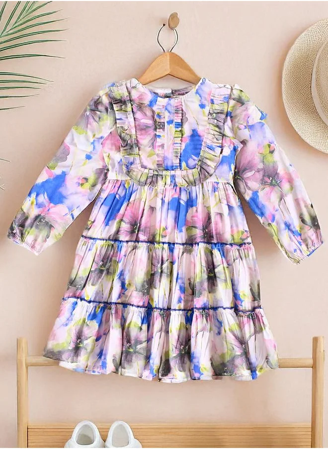 بيلا مودا Bella Moda Floral Print Buttoned Tiered Knee-Length Dress