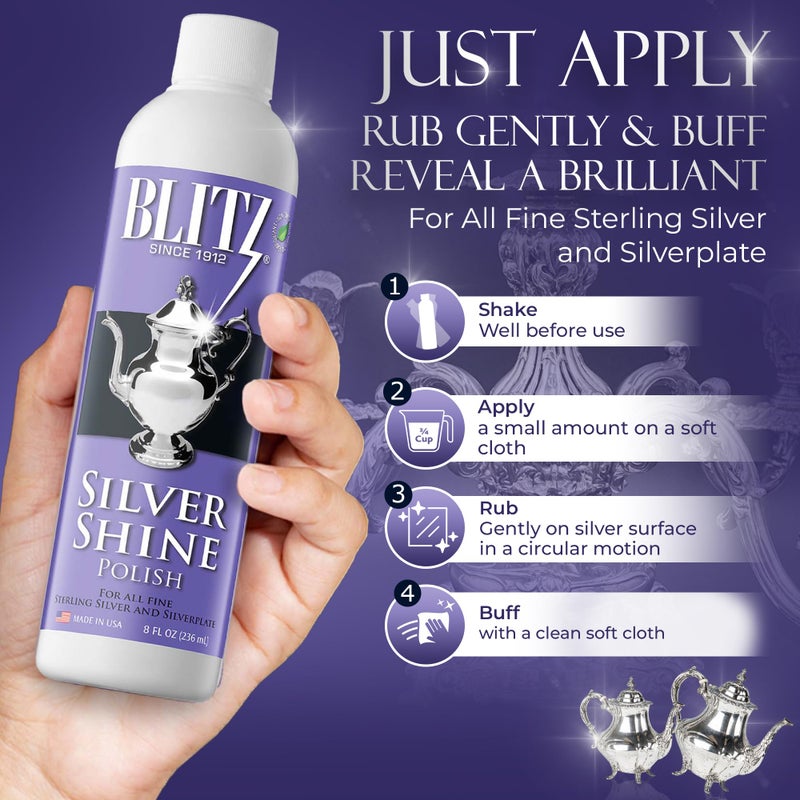 Blitz Silver Shine Polish Liquid Silver Polish for Sterling and Silverplate Jewelry, Dishes, Flatware, Fixtures, & Decor Non-Toxic, Non-Abrasive, & Planet Friendly Made in The USA 8oz Pack of 2 - Image 5