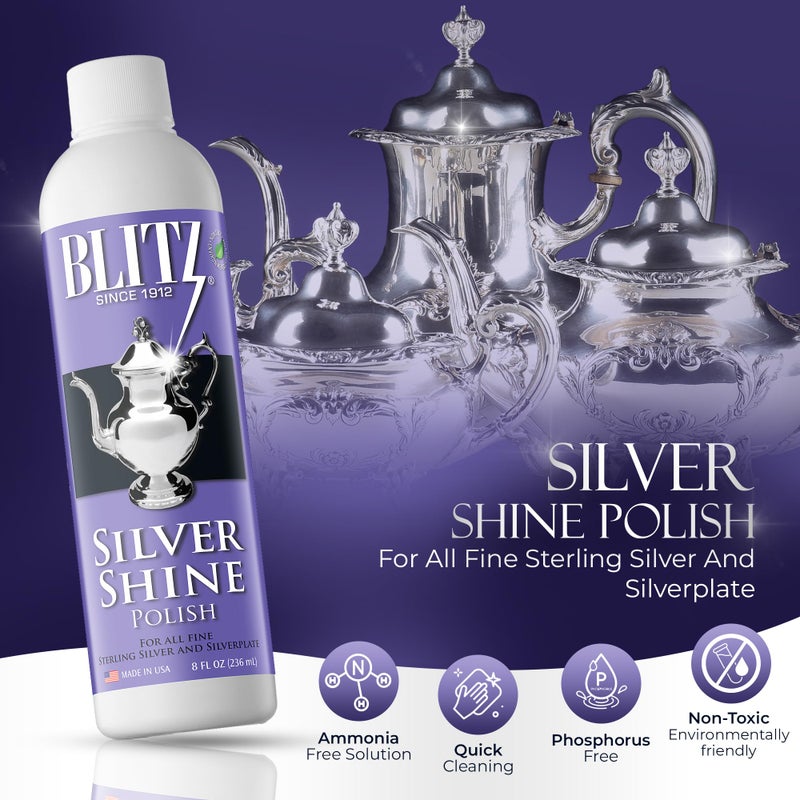 Blitz Silver Shine Polish Liquid Silver Polish for Sterling and Silverplate Jewelry, Dishes, Flatware, Fixtures, & Decor Non-Toxic, Non-Abrasive, & Planet Friendly Made in The USA 8oz Pack of 2 - Image 2