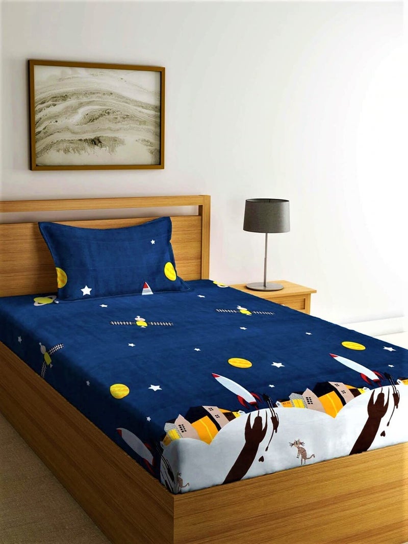 Blenzza Deco™ 180TC Glace Cotton Kids Room Single Flat Printed Bed Sheet with 1 Pillow Cover (60*90Inch) (Rocket) - Image 1
