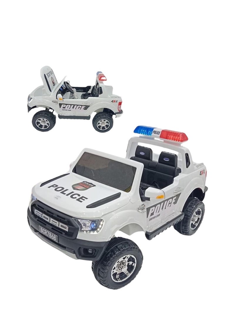 Electric Baby Police Car, 2 Motors, 12V Battery, Open Doors, Lights & Police Alarms, Vibrator Mode, Bluetooth/USB/Aux Music, Remote Control