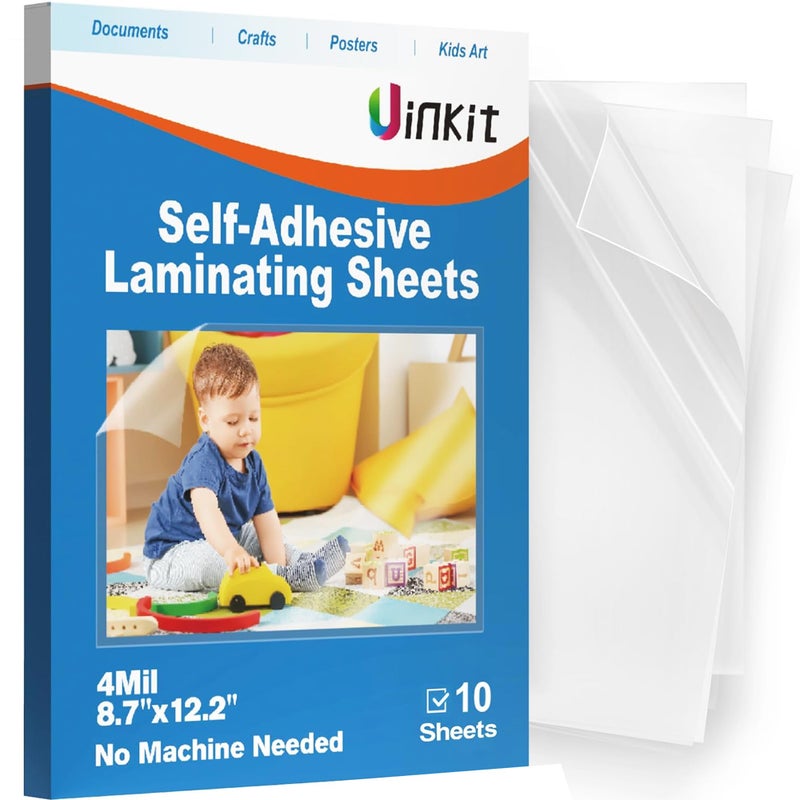 Uinkit 4mil Thicker Self-Adhesive Laminating Sheets, 10Pack Letter Size 8.5x11" - Peel & Stick, No Heat Needed - Dry-Erase Friendly Surface for Reusable Documents, Kids Art, Posters & Crafts - Image 1
