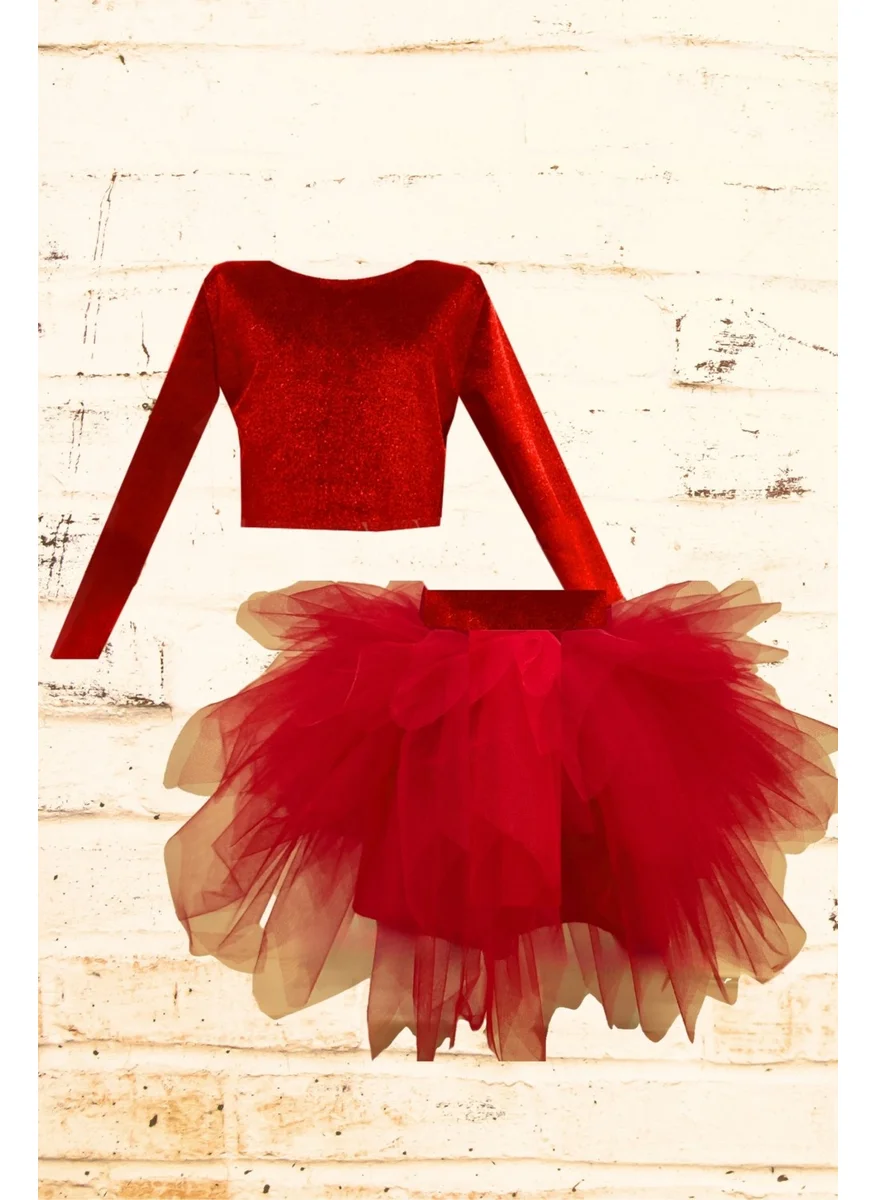 Shecco Babba Long Sleeve Velvet Top and Tutu Skirt Child Set - 1-10 Years - Red