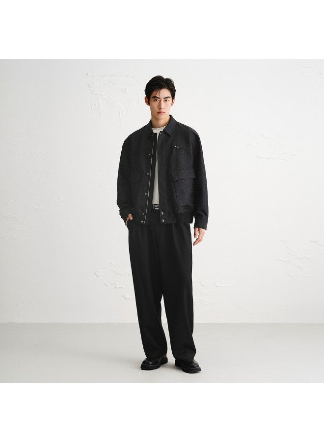 Waxbird Men's Wear 2025 Autumn Straight-leg Textured Metal Button Black Commuting Business Casual Trousers - Image 3