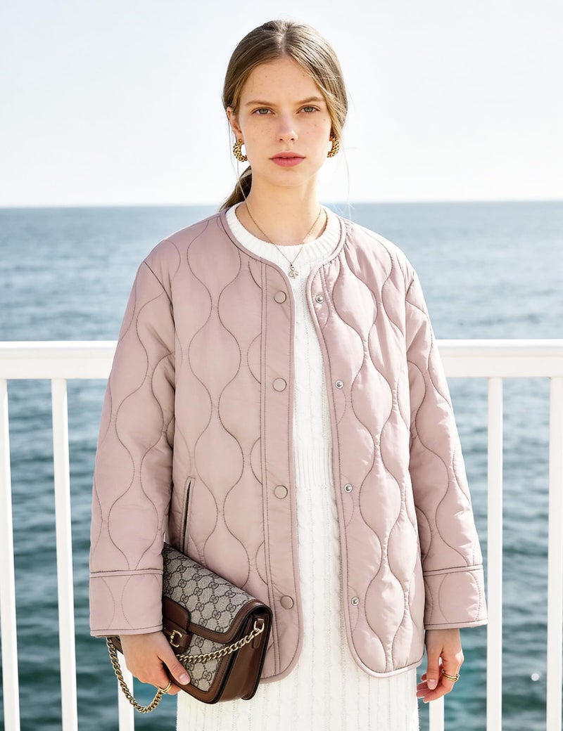 Flygo Women's Oversized Quilted Lightweight Jacket Button Down Puffer Padded Outerwear with Pocket(Pink-M) - Image 4