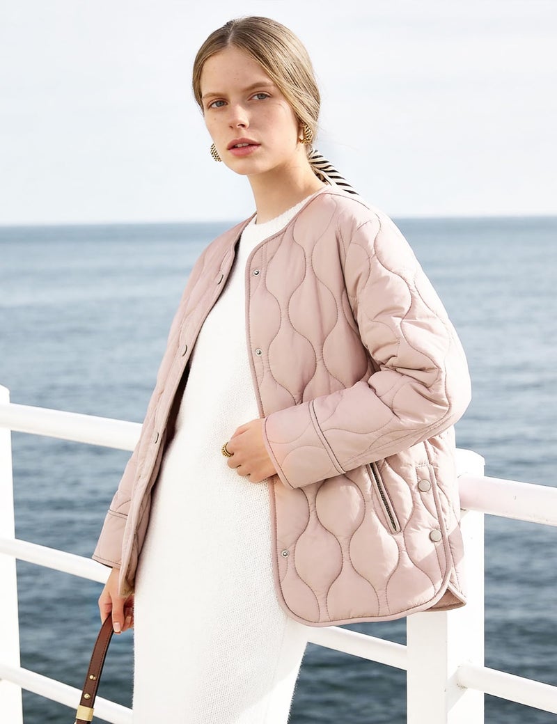 Flygo Women's Oversized Quilted Lightweight Jacket Button Down Puffer Padded Outerwear with Pocket(Pink-M) - Image 5