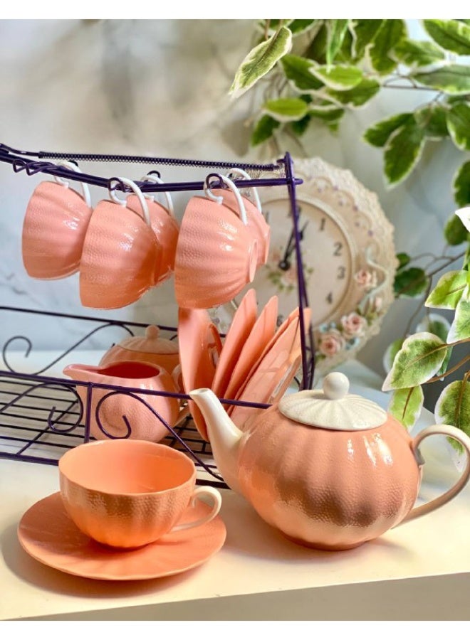 17-piece porcelain tea set: 6 teacups + 6 saucers 1 pot - 1 sugar bowl - 1 milk jug - 1 stand  - Image 1