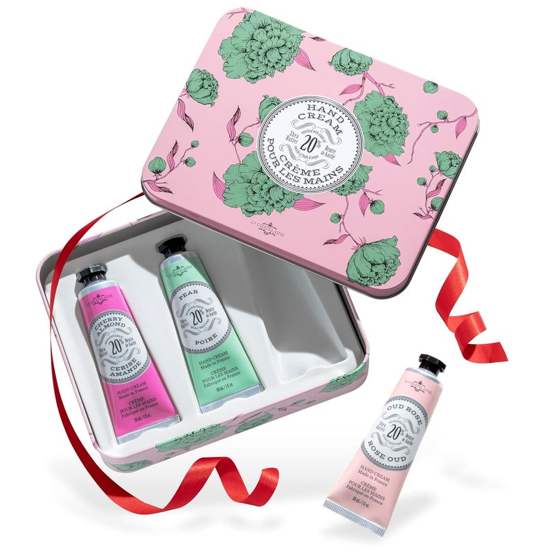 La Chatelaine Rose Hand Cream Trio Tin Gift Set ReadyToGift Tin Nautral Made in France with 20 Organic Shea Butter Nourishing and Moisturizing Cherry Almond Pear Oud Rose