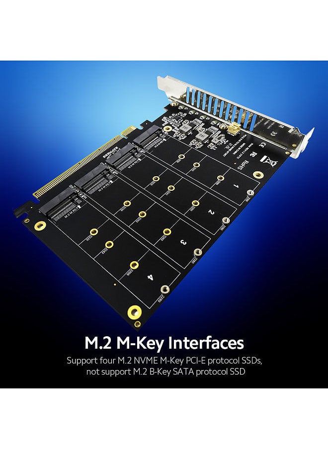 M.2 NVME to PCI-E X16 Adapter Card Expansion Card with Four M.2 M-Key Interfaces Support 2230/2242/2260/2280 M.2 SSD