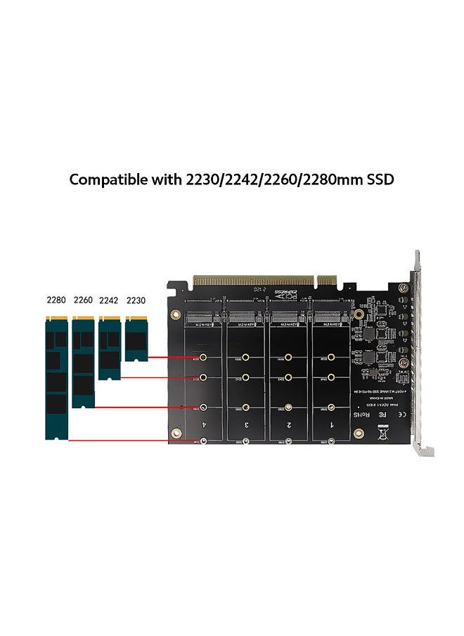 M.2 NVME to PCI-E X16 Adapter Card Expansion Card with Four M.2 M-Key Interfaces Support 2230/2242/2260/2280 M.2 SSD