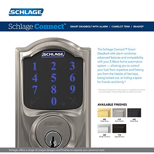 SCHLAGE BE469ZP CAM 619 Connect Smart Deadbolt with alarm with Camelot Trim in Satin Nickel, Z-Wave Plus enabled - Image 3