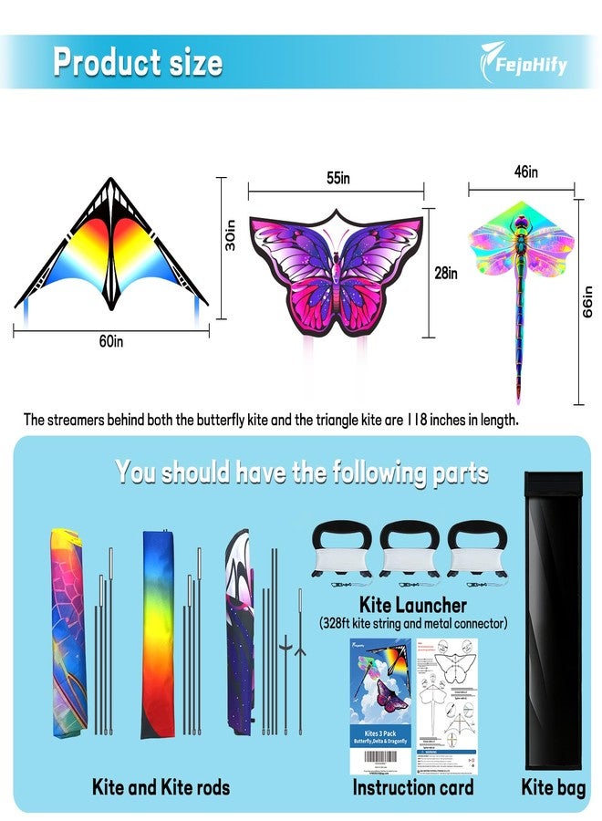 FejoHify 3Pack Large Kites - Butterfly Delta Dragonfly Kites for Kids and Adults, Easy to Fly for Each Park Outdoor Activities (Purple Butterfly+Rainbow Delta+Gold Dragonfly) - Image 2
