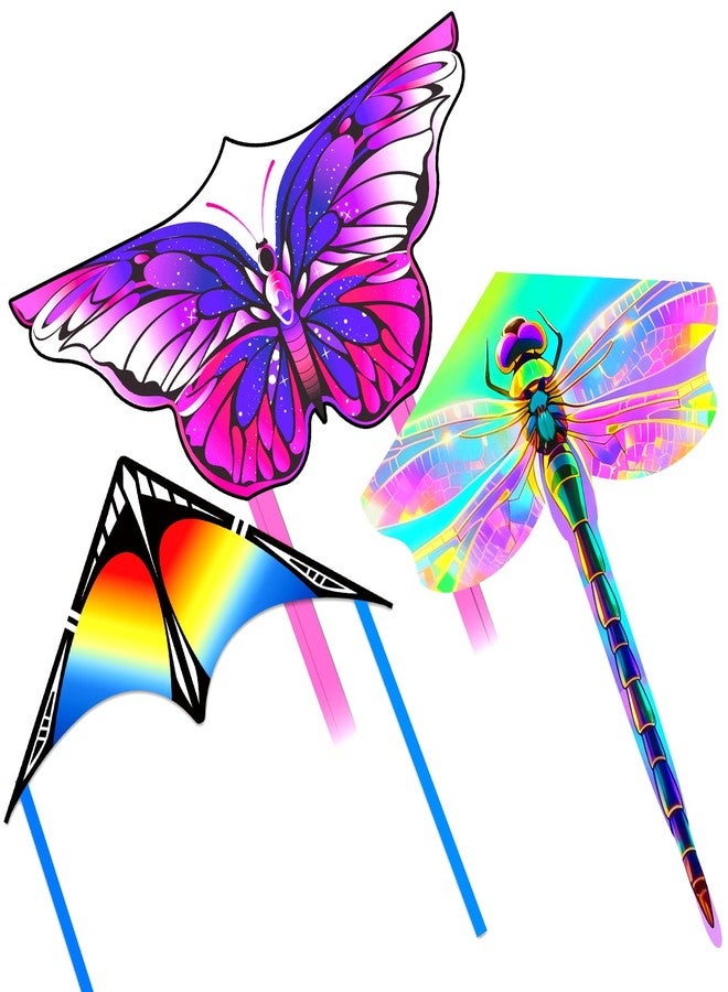 FejoHify 3Pack Large Kites - Butterfly Delta Dragonfly Kites for Kids and Adults, Easy to Fly for Each Park Outdoor Activities (Purple Butterfly+Rainbow Delta+Gold Dragonfly) - Image 1