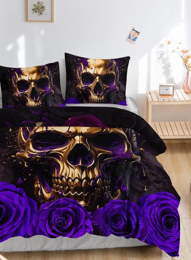 AILONEN Gold Skull Duvet Cover Queen Size, Halloween Sheet Purple Rose Skull Bedding Set for Girls Boys,Skeleton Bones Boho Style Comforter Cover Set,1 Quilt Cover 2 Pillowcases,3-Piece-Set - Image 3
