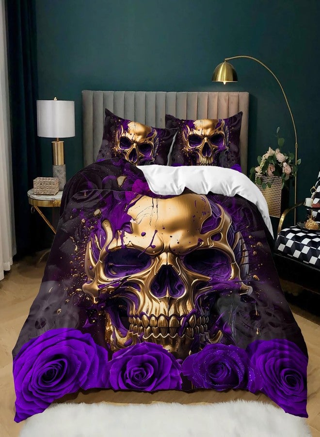 AILONEN Gold Skull Duvet Cover Queen Size, Halloween Sheet Purple Rose Skull Bedding Set for Girls Boys,Skeleton Bones Boho Style Comforter Cover Set,1 Quilt Cover 2 Pillowcases,3-Piece-Set - Image 1