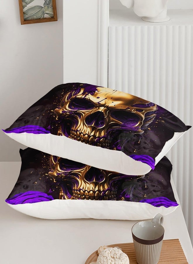 AILONEN Gold Skull Duvet Cover Queen Size, Halloween Sheet Purple Rose Skull Bedding Set for Girls Boys,Skeleton Bones Boho Style Comforter Cover Set,1 Quilt Cover 2 Pillowcases,3-Piece-Set - Image 5