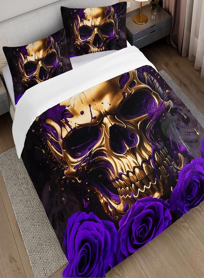 AILONEN Gold Skull Duvet Cover Queen Size, Halloween Sheet Purple Rose Skull Bedding Set for Girls Boys,Skeleton Bones Boho Style Comforter Cover Set,1 Quilt Cover 2 Pillowcases,3-Piece-Set - Image 2