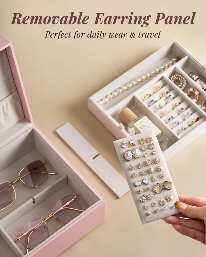 pickpiff 2 Layer Jewelry Box Organizer for Women, Jewelry Organizer with Handle & Removable Tray, Necklace Holder Ring Earring Storage, Velvet Lined Jewelry Case for Home or Travel, Gift Ready, Pink - Image 2