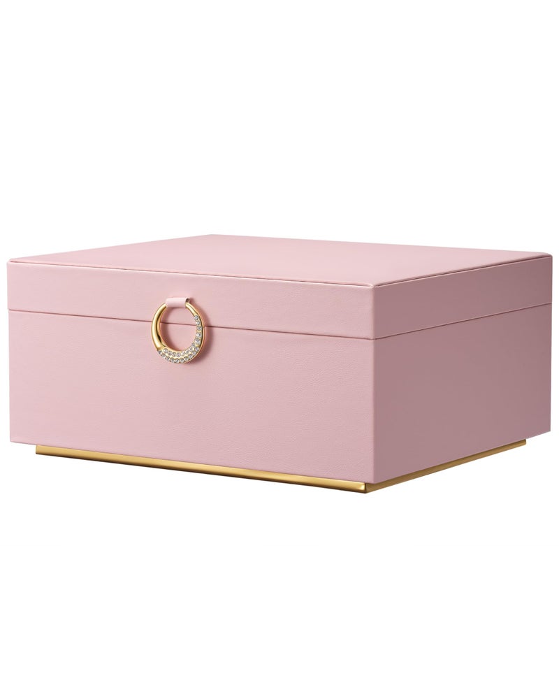 pickpiff 2 Layer Jewelry Box Organizer for Women, Jewelry Organizer with Handle & Removable Tray, Necklace Holder Ring Earring Storage, Velvet Lined Jewelry Case for Home or Travel, Gift Ready, Pink - Image 1
