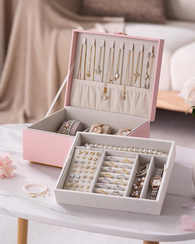 pickpiff 2 Layer Jewelry Box Organizer for Women, Jewelry Organizer with Handle & Removable Tray, Necklace Holder Ring Earring Storage, Velvet Lined Jewelry Case for Home or Travel, Gift Ready, Pink - Image 4