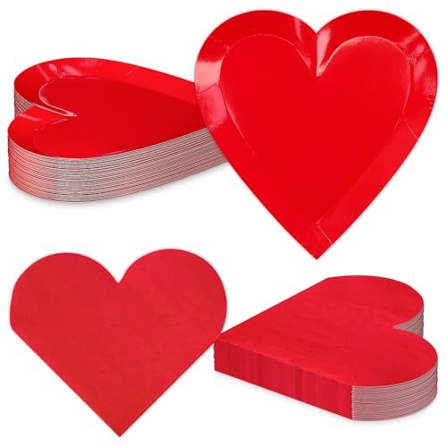 DYLIVeS Valentine's Day Party Decorations, Disposable 9" Paper Plates and 3 Ply Napkins Heart Shaped Love for Wedding Engagement Valentine's Day, Bridal Shower, Mother's Day, Birthday Party, 50 Count / Red - Image 1