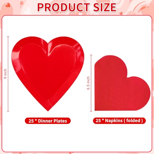 DYLIVeS Valentine's Day Party Decorations, Disposable 9" Paper Plates and 3 Ply Napkins Heart Shaped Love for Wedding Engagement Valentine's Day, Bridal Shower, Mother's Day, Birthday Party, 50 Count / Red - Image 2
