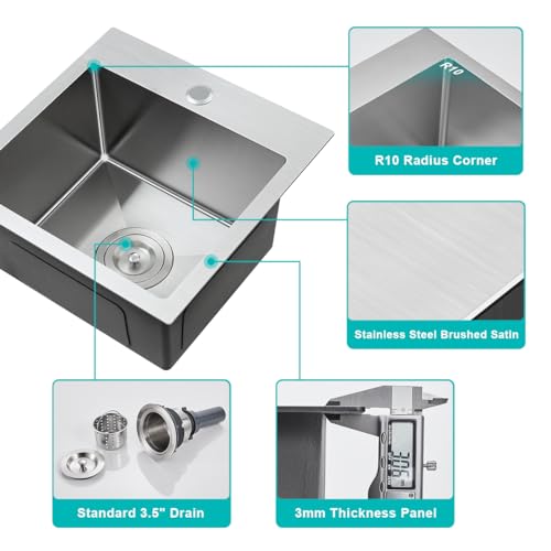 TSIBOMU 22" Kitchen Sink Drop in, 22" x 18" Single Bowl Sink Topmount 18 Gauge Stainless Steel Kitchen Sink (Brushed) - Image 4
