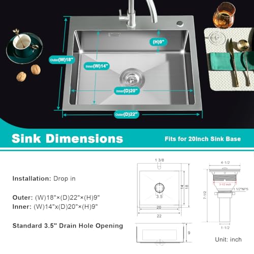 TSIBOMU 22" Kitchen Sink Drop in, 22" x 18" Single Bowl Sink Topmount 18 Gauge Stainless Steel Kitchen Sink (Brushed) - Image 3