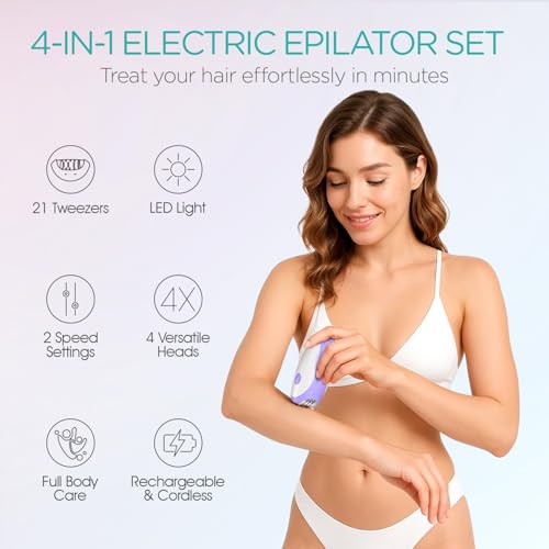 VOGOE Epilator for Women-Cordless Epilators Hair Removal for Women, 4-in-1 Electric Razor Hair Remover, 2 Speeds & 21 Tweezers for Face Legs Arms Armpit Bikini, Purple HR310 - Image 2