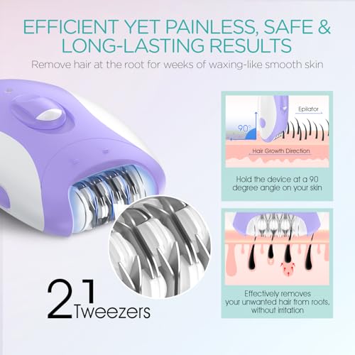 VOGOE Epilator for Women-Cordless Epilators Hair Removal for Women, 4-in-1 Electric Razor Hair Remover, 2 Speeds & 21 Tweezers for Face Legs Arms Armpit Bikini, Purple HR310 - Image 3