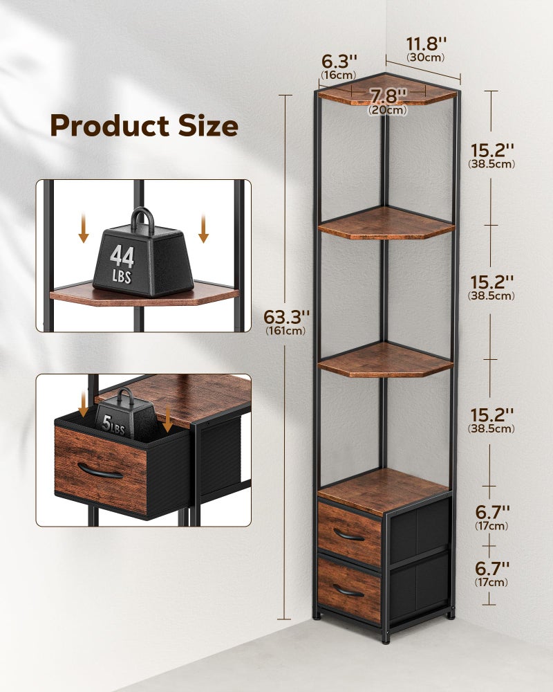 Housolution Corner Shelf Stand with Storage, 63.4'' Tall 6-Tier Corner Bookshelf Includes Fabric Drawers, Freestanding Corners Storage Shelf for Living Room Bedroom Kitchen Bathroom (Black + Brown) - Image 2