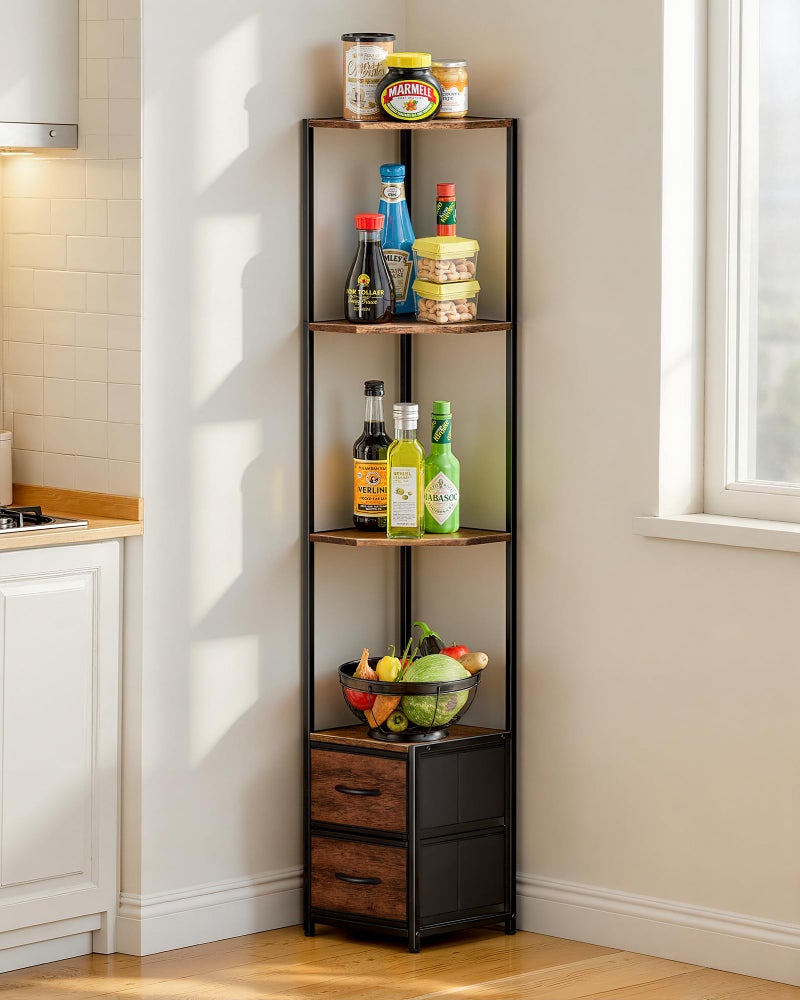Housolution Corner Shelf Stand with Storage, 63.4'' Tall 6-Tier Corner Bookshelf Includes Fabric Drawers, Freestanding Corners Storage Shelf for Living Room Bedroom Kitchen Bathroom (Black + Brown) - Image 5