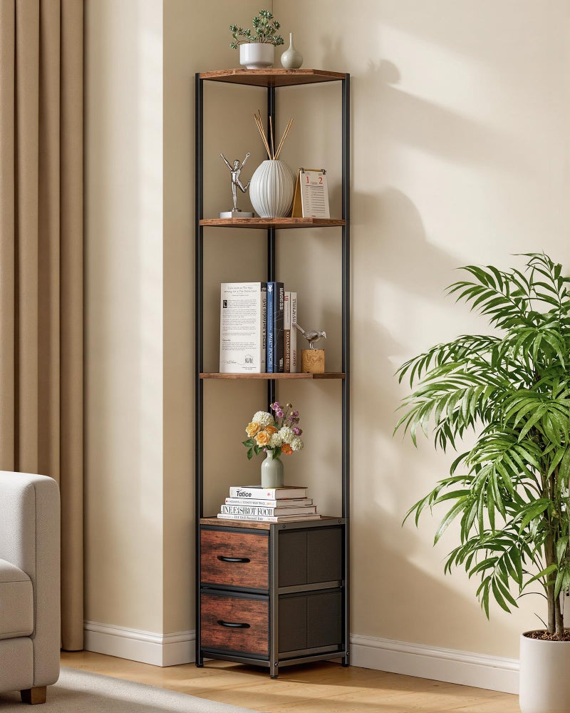 Housolution Corner Shelf Stand with Storage, 63.4'' Tall 6-Tier Corner Bookshelf Includes Fabric Drawers, Freestanding Corners Storage Shelf for Living Room Bedroom Kitchen Bathroom (Black + Brown) - Image 1