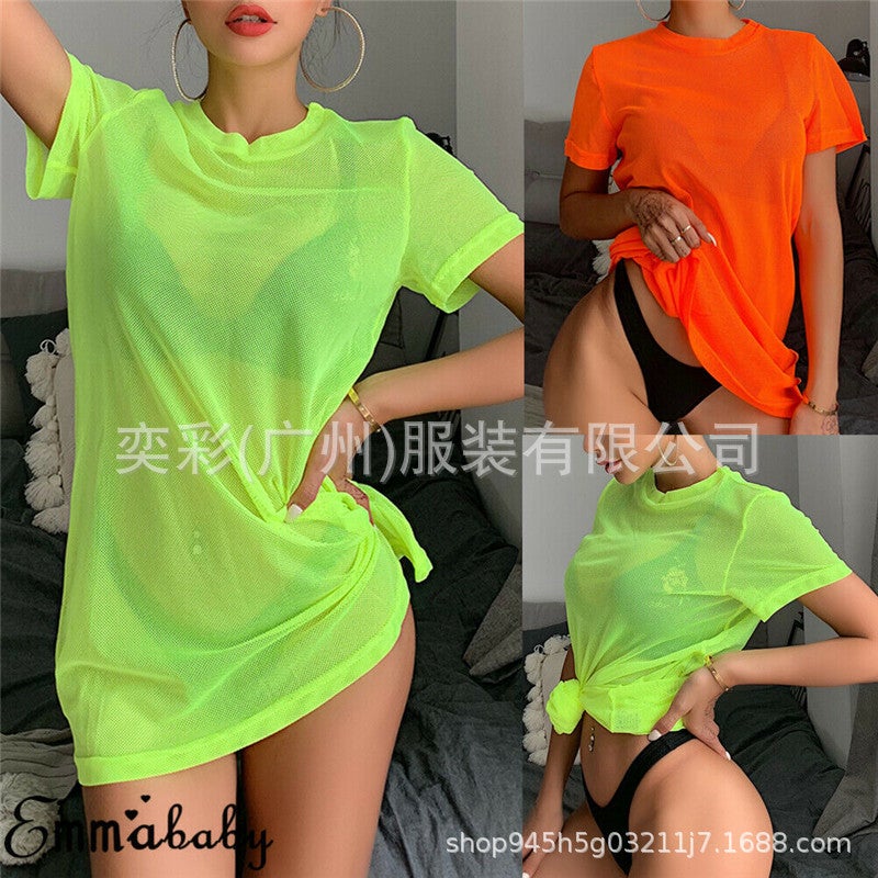 Spot Women'S Mesh Bikini Masking Swimwear Swimwear Short Sleeve T-Shirt Top Summer Beach Dress - Image 2