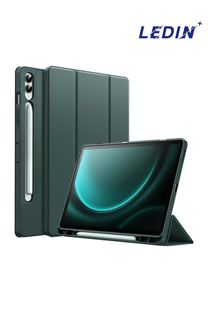 ليدين جراب واقٍ لجهاز Samsung Galaxy Tab S9 FE Plus مقاس 12.4 بوصة - حامل ثلاثي الطي، وظهر ناعم من مادة TPU، وحامل قلم S، ودعم الشحن، وخاصية الإيقاظ/السكون التلقائي (أخضر) - Image 1