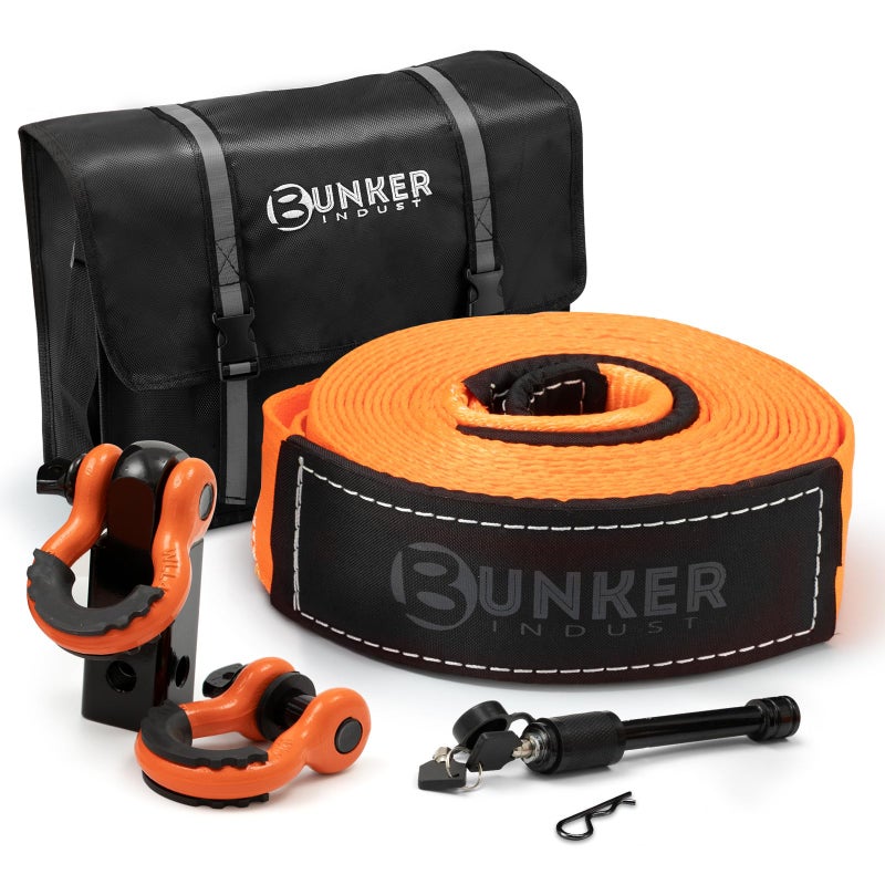 BUNKER INDUST Heavy Duty Tow Strap Recovery Kit3 x 30ft 30000lbs Snatch Strap 2 Shackle Hitch Receiver 58 Locking Pin 34 D Ring Shackles with Isolator BagOff Road Gear Accessories