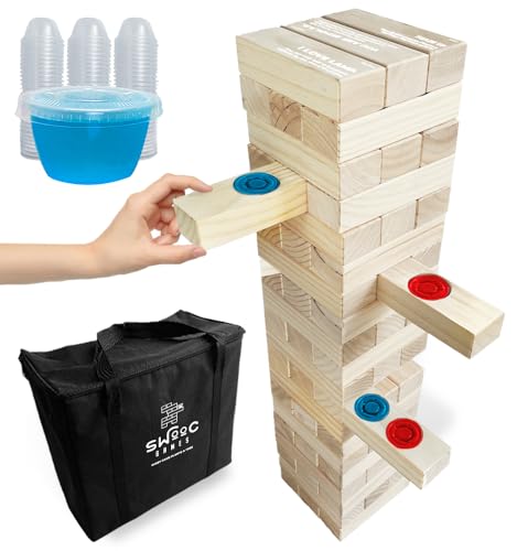 SWOOC Games Giant Tower Party Game with Hidden Jello Includes Disposable Cups Lids Carrying Case Stacks up to 5ft Topple Game for Adults Giant Outdoor Games Jumbo Block Fun - Image 1