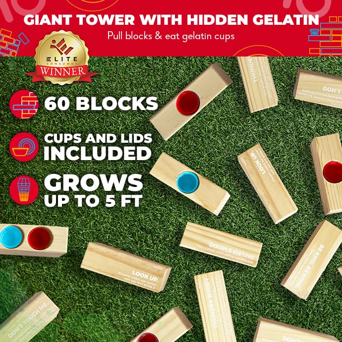 SWOOC Games Giant Tower Party Game with Hidden Jello Includes Disposable Cups Lids Carrying Case Stacks up to 5ft Topple Game for Adults Giant Outdoor Games Jumbo Block Fun - Image 5