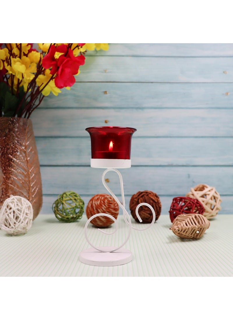Hosley - HOSLEY Metal Red Glass Tealight Candle Holder|Tealight Candle Holder with Glass Holder Perfect for Home Decor Tabletop|1-Cup Centrepiece Pack of 1 with Pack of 1 Tealight (White) - Image 1