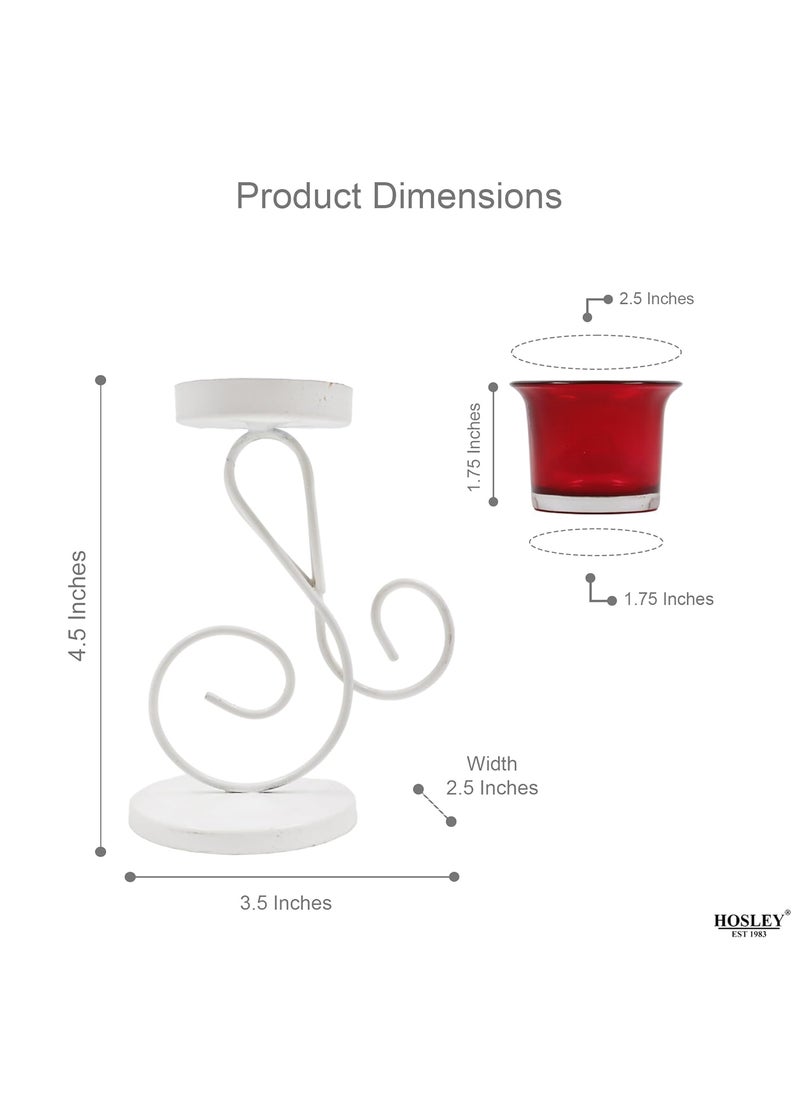 Hosley - HOSLEY Metal Red Glass Tealight Candle Holder|Tealight Candle Holder with Glass Holder Perfect for Home Decor Tabletop|1-Cup Centrepiece Pack of 1 with Pack of 1 Tealight (White) - Image 1