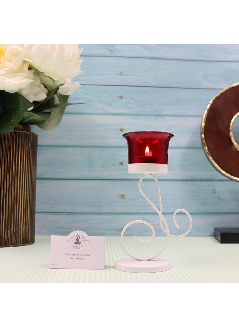 Hosley - HOSLEY Metal Red Glass Tealight Candle Holder|Tealight Candle Holder with Glass Holder Perfect for Home Decor Tabletop|1-Cup Centrepiece Pack of 1 with Pack of 1 Tealight (White) - Image 1