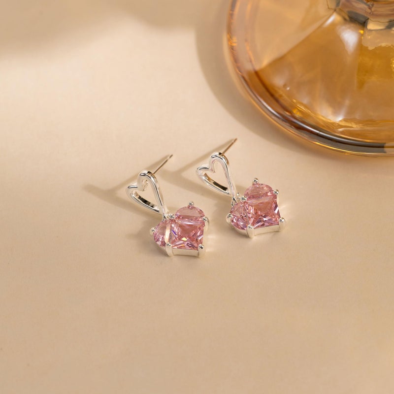 VRIUA Heart Earrings for Women - Dainty Silver Pink Heart Drop Earrings Cute Bridal Long Wedding Earring Hypoallergenic Jewelry Valentine's Day Gift for Her - Image 4