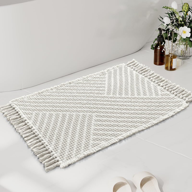 H.VERSAILTEX HVERSAILTEX Waffle Bath Mat Super Absorbent Boho Bath Mat Non Slip Bath Rugs for Bathroom Floor Machine Washable Dry Fast Bathroom Rugs with Tassels 20 x 32 Ivory White - Image 2