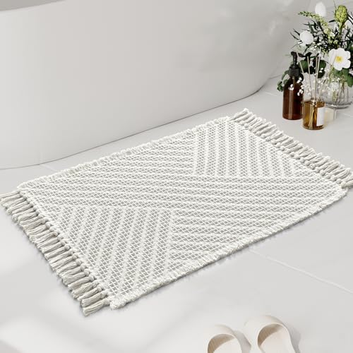 H.VERSAILTEX HVERSAILTEX Waffle Bath Mat Super Absorbent Boho Bath Mat Non Slip Bath Rugs for Bathroom Floor Machine Washable Dry Fast Bathroom Rugs with Tassels 20 x 32 Ivory White - Image 1