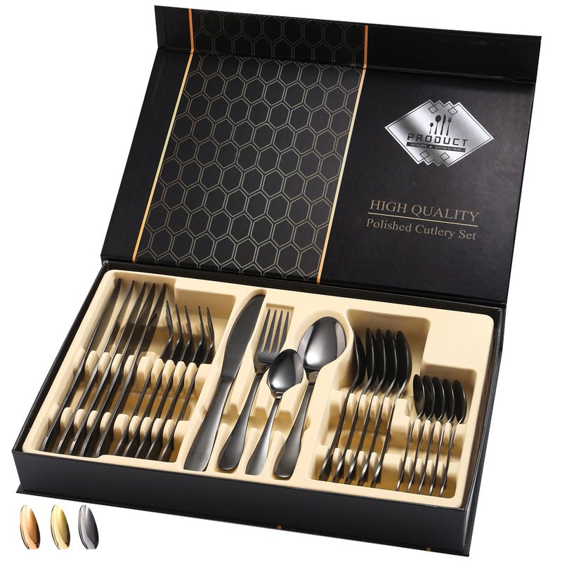 Avalon Silverware Black Silverware Set Avalon 24 Piece Flatware Set Service for 6 High Grade 1810 Stainless Steel Cutlery Set Mirror Polished Dishwasher Safe 
