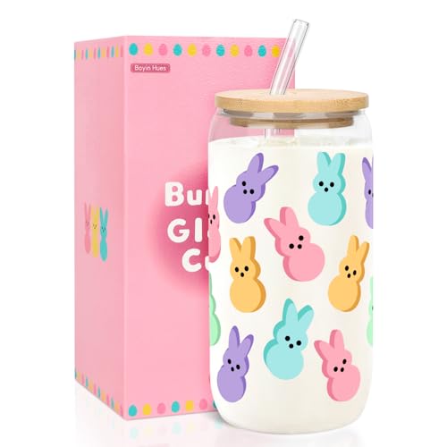 BOYIN HUES Easter Bunny Cup, Easter Gifts for Women Girls Kids, Teens Basket Stuffers, Cute 16oz Glass Iced Coffee Cup with Lid And Straw (Colour) - Image 1